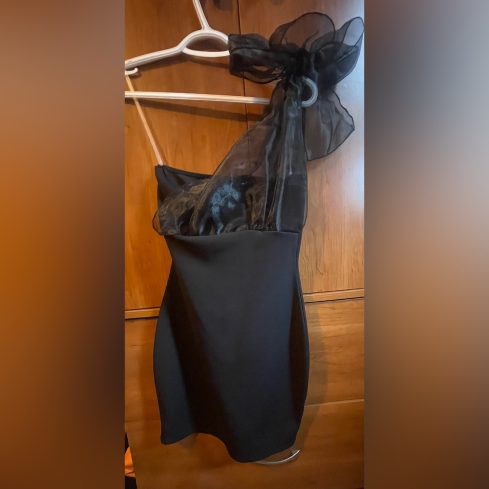 Blue Blush Black Sheer One-Shoulder Dress *with small tear*
